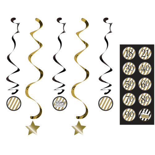 Club Pack of 30 Black and Gold Dizzy Dangler Party Hanging Decor with Stickers 39" - IMAGE 1