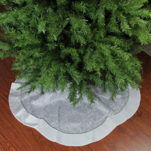 Floral Sequin Trimmed Christmas Tree Skirt - 48" - Silver and White - IMAGE 1