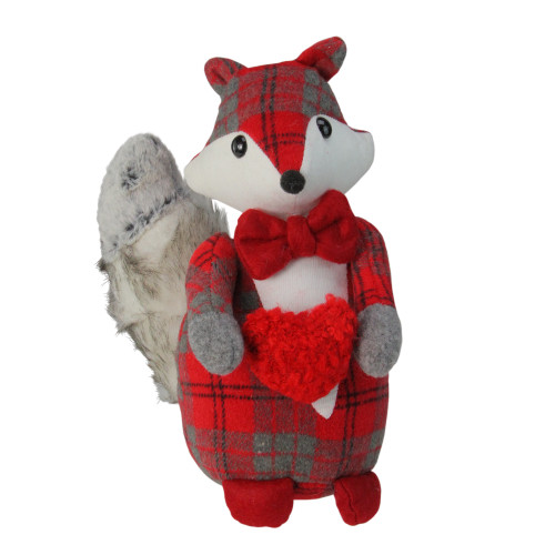 11" Red and Gray Plaid Fox Holding Heart Christmas Tabletop Figurine - IMAGE 1