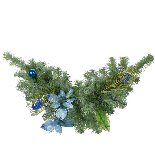 24" Regal Peacock Blue and Silver Poinsettia Artificial Christmas Swag - Unlit - IMAGE 1