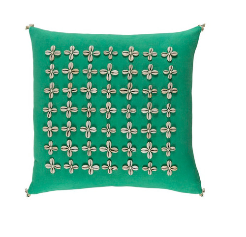 20" Green with Seashell Flowers Square Throw Pillow - Down Filler - IMAGE 1