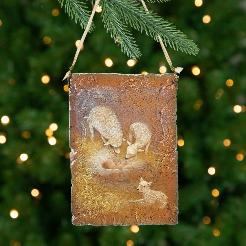 5" Orange Baby Jesus with Sheep Plaque Christmas Ornament - IMAGE 1