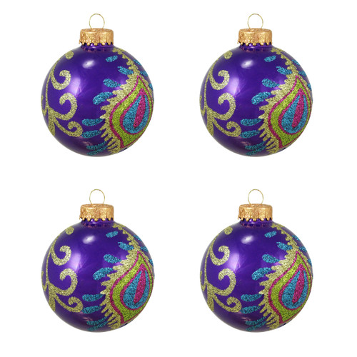 4ct Purple Peacock Glittered Glass Ball Christmas Ornaments 2.5" (65mm) - IMAGE 1