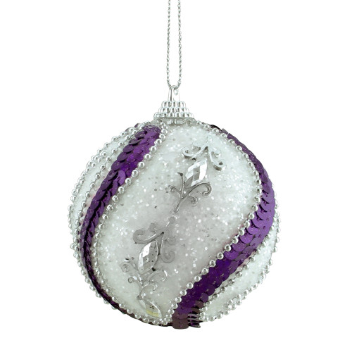 3ct White, Purple Sequined and Silver Beaded Shatterproof Christmas Ball Ornaments 3" (75mm) - IMAGE 1