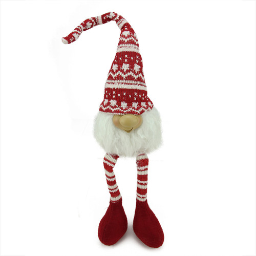 21.5" Red and White Portly Smiling Hanging Leg Gnome Decoration with Christmas Snow Cap - IMAGE 1