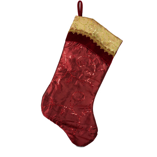 20" Red and Gold Leaf Christmas Stocking with Wavy Sequined Cuff - IMAGE 1