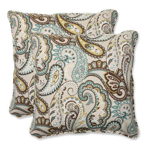 Paisley Outdoor Corded Square Throw Pillows - 18.5" - Cream and Brown - Set of 2 - IMAGE 1