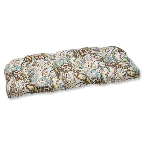 44" Paisley Giardino Light Blue and Brown Outdoor Patio Tufted Wicker Loveseat Cushion - IMAGE 1