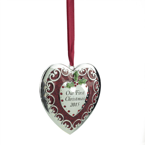 3.25" Regal Silver and Red Our First Christmas 2015 Heart Ornament with European Crystals - IMAGE 1