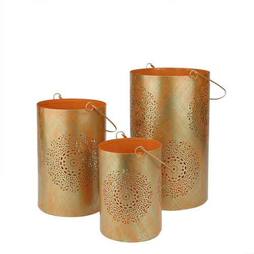 Set of 3 Orange and Gold Decorative Floral Cut-Out Pillar Candle Lanterns 10" - IMAGE 1