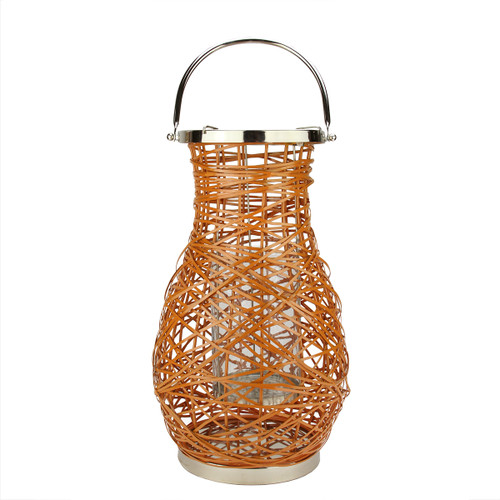 16.25" Modern Orange Decorative Woven Iron Pillar Candle Lantern with Glass Hurricane - IMAGE 1
