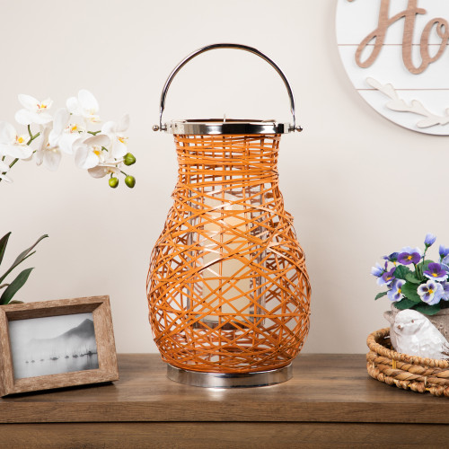 Woven Iron Pillar Candle Lantern with Glass Hurricane - 16.25" - Orange - IMAGE 1
