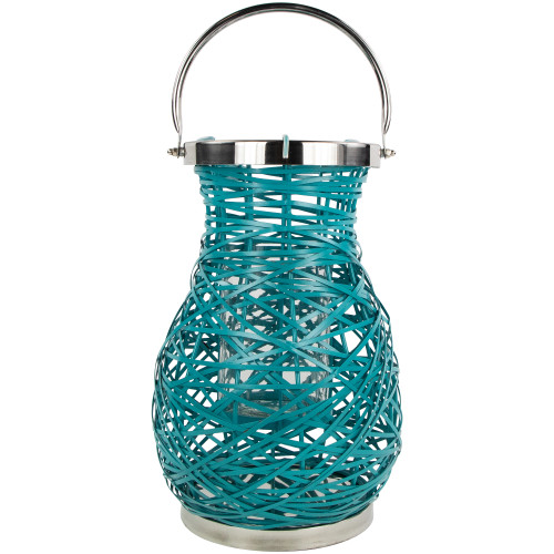 13.5" Turquoise Woven Metal Hurricane Pillar Candle Lantern - IMAGE 1