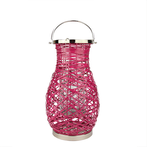 16.25" Modern Fuchsia Pink Decorative Woven Iron Pillar Candle Lantern with Glass Hurricane - IMAGE 1