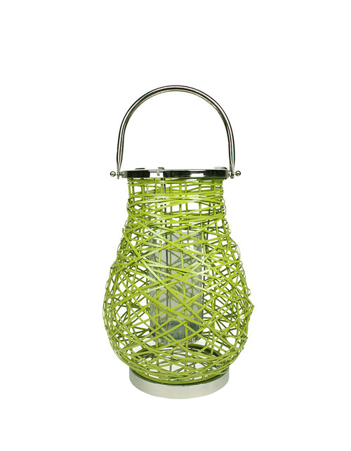 16.25" Modern Green Decorative Woven Iron Pillar Candle Lantern with Glass Hurricane - IMAGE 1