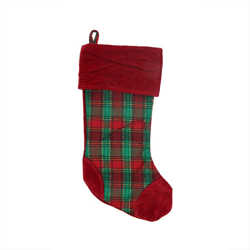 19" Christmas Traditions Red, Green and Gold  Woven Plaid and Velvet Stocking - IMAGE 1