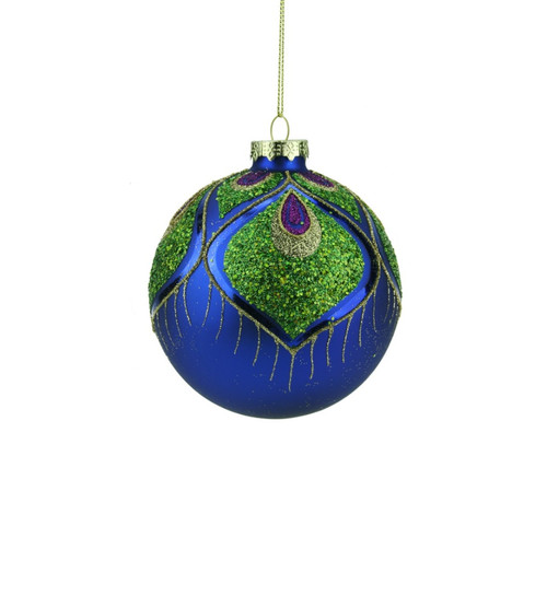 4" Regal Peacock Blue and Green Glittered Glass Ball Christmas Ornament - IMAGE 1