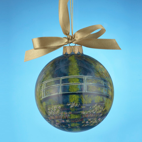 Blue and Green Shiny Water Lily Pond Hand-Painted Glass Christmas Ball Ornament 4" (100mm) - IMAGE 1