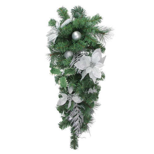 32" Silver Poinsettia and Pinecone Artificial Christmas Teardrop Swag - Unlit - IMAGE 1