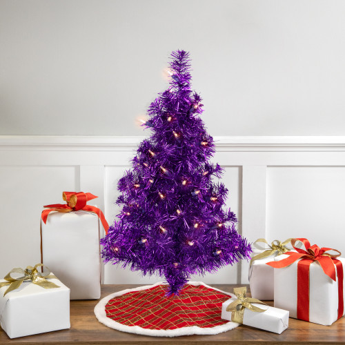 2' Pre-lit Purple Iridescent Pine Artificial Tinsel Christmas Tree - Clear Lights - IMAGE 1