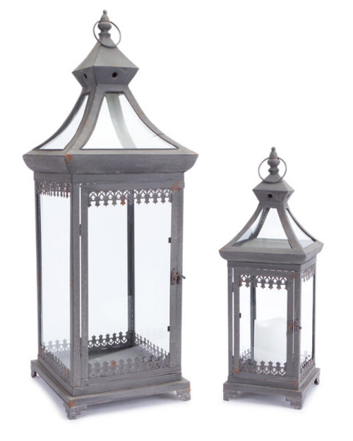 Set of 2 Brocade Bourgeoisie Weathered Metal and Glass Pillar Candle Holder Lanterns 29" - IMAGE 1