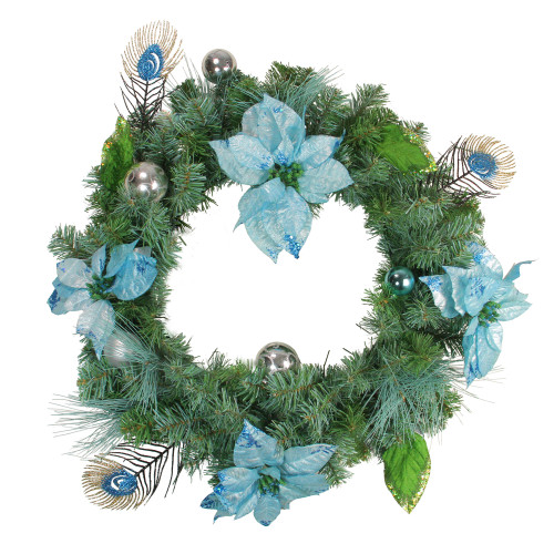 Glitter Peacock Feather Poinsettia Artificial Christmas Wreath - 24" - Unlit - IMAGE 1