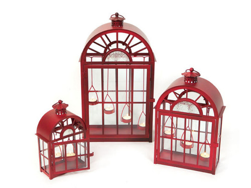 Set of 3 Eco Country Red Christmas Tea Light Candle Lanterns - IMAGE 1