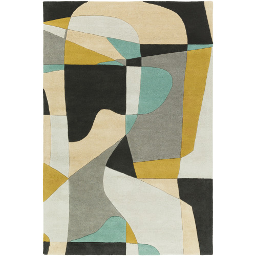 5' x 8' Arte Astratto Jet Black, Teal, Gray and Olive Hand Tufted Wool Area Throw Rug - IMAGE 1
