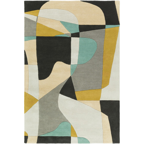 4' x 6' Arte Astratto Jet Black, Teal, Gray and Olive Hand Tufted Wool Area Throw Rug - IMAGE 1