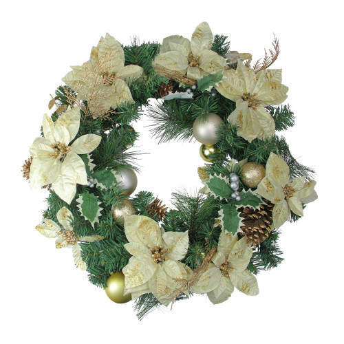 Glitter Poinsettia and Pine Cone Artificial Christmas Wreath - 24" - Unlit - IMAGE 1