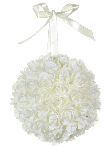 Club Pack of 12 Artificial Cream Rose Silk Flower Ball Topiaries with Ribbons - IMAGE 1