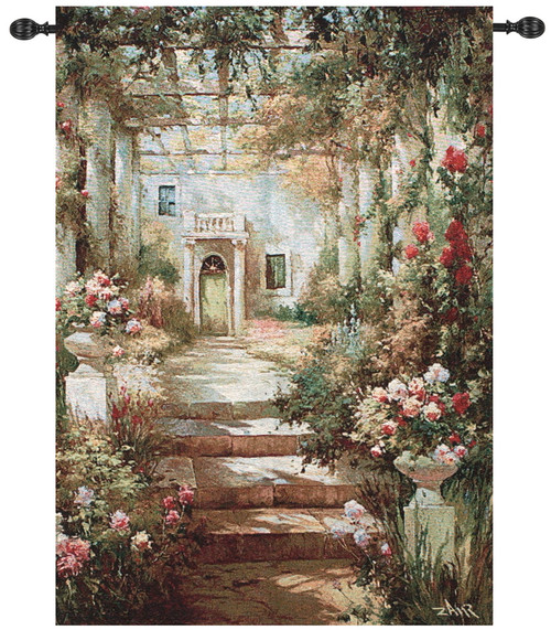 Green and Ivory Summer Garden Pergola Wall Art Hanging Tapestry 47" x 35" - IMAGE 1