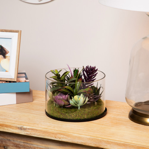 Mixed Succulent Artificial Arrangement in Round Glass Jar - 8" - IMAGE 1