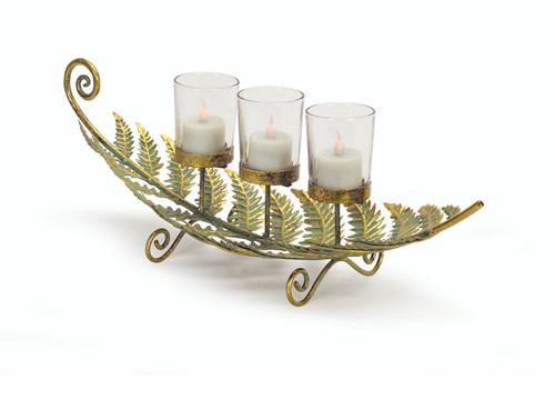 18" Golden Patina Laying Fern with Three Votive Cups Table Top Decoration - IMAGE 1