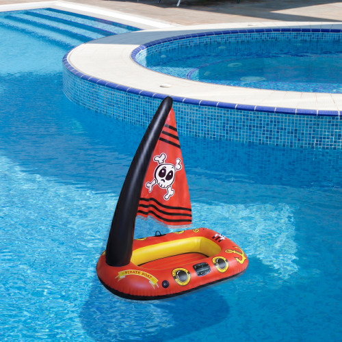 Inflatable Red Pirate Boat Swimming Pool Float with Jolly Roger Sail, 57-Inch - IMAGE 1