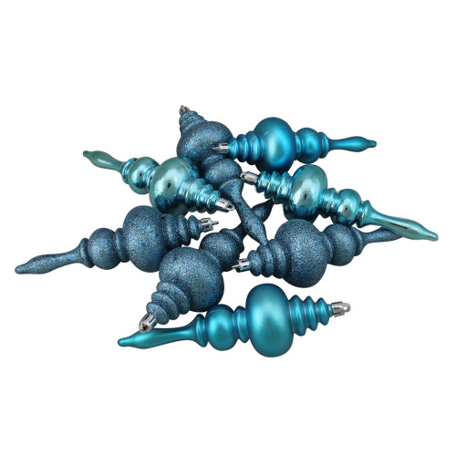Shatterproof 4-Finish Finial Christmas Ornaments - 7" - Turquoise Blue - 8ct - IMAGE 1