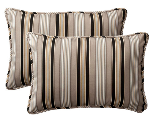 Set of 2 Black and Tan Brown Striped Rectangular Outdoor Corded Throw Pillows 18.5-Inch - IMAGE 1