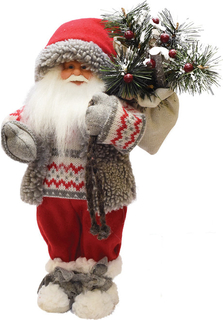 12.5" Santa in Winter Vest with Sack of Pine Christmas Figure Decoration - IMAGE 1