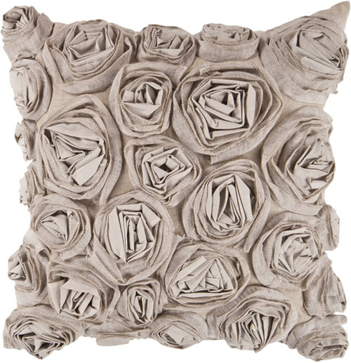 22" Taupe Brown Pleated Rose Square Throw Pillow - Down Filler - IMAGE 1