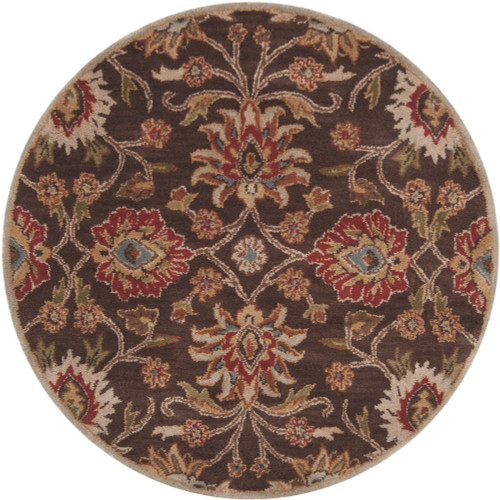 4' Floral Olive Green and Russet Brown Round Wool Area Throw Rug - IMAGE 1