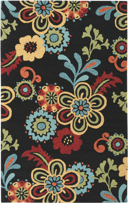 5' x 7.5' Flowers Black and Aqua Blue Hand Tufted Rectangular Area Throw Rug - IMAGE 1