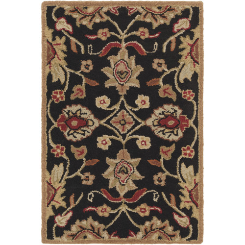 2' x 3' Floral Black and Red Hand Tufted Rectangular Wool Area Throw Rug - IMAGE 1