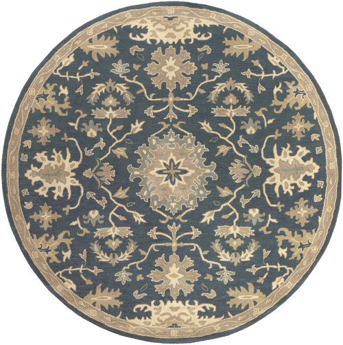 8' Blue and Beige Floral Pattern Hand-Tufted Round Wool Area Throw Rug - IMAGE 1