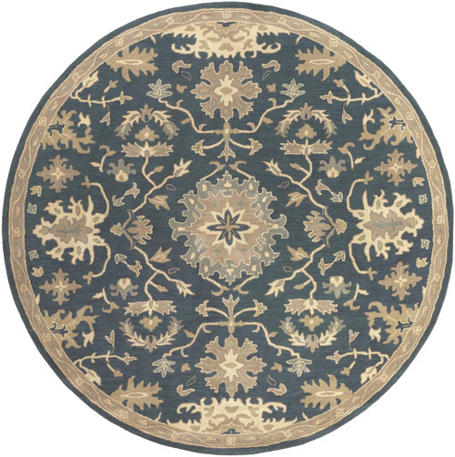 9.75' Blue and Beige Floral Hand-Tufted Round Wool Area Throw Rug - IMAGE 1