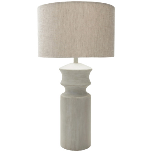 30" Rustic White Painted Table Lamp with Gainsboro Gray Linen Modified Drum Shade - IMAGE 1