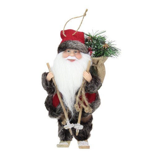 9" Brown and Red Skiing Santa Claus with Gift Bag Christmas Figurine - IMAGE 1