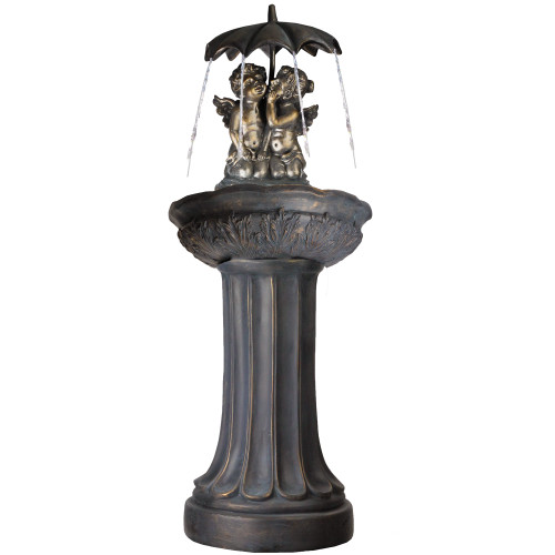 45" Bronze Colored Cherubs Holding an Umbrella Outdoor Patio Fountain - IMAGE 1