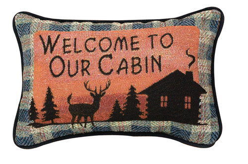 12.5" Gray and Orange "Welcome To Our Cabin" Rectangular Throw Pillow - IMAGE 1