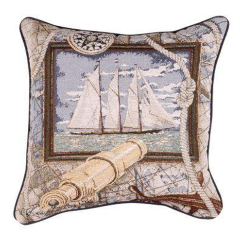 17" Beige and Blue Sailing Boat Decorative Accent Square Throw Pillow - IMAGE 1