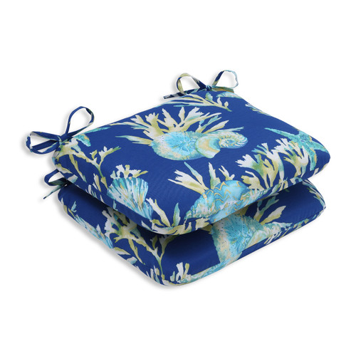 Reversible Outdoor Patio Rounded Chair Cushions - 18.5" - Blue and Green - Set of 2 - IMAGE 1